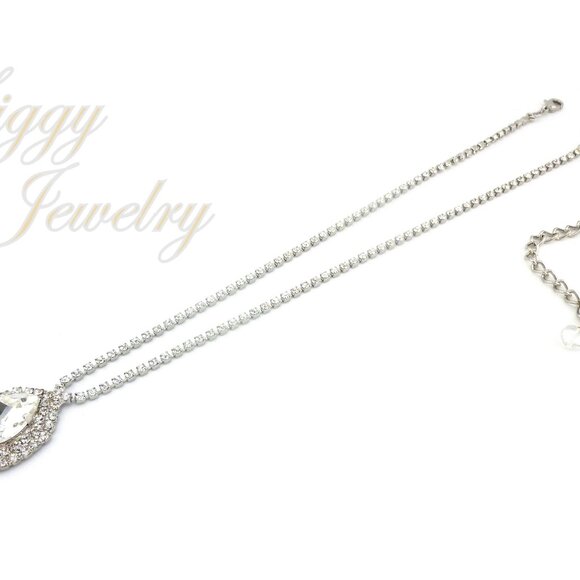 Bridal Pendant Necklace, Large Center Pear Crystal with Sparkling Double Halo - Picture 5 of 6